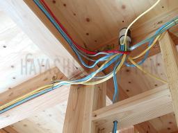 電気配線工事が進められました。配線は、ユニット配線と言う工場であらかじめ組まれたものを使用しています。 青がスイッチ、黄色が照明、赤が専用電源と言う風に 色分けしてあり、分かりやすくなっています。---- COPYRIGHT©2021 霧島市 TDホーム霧島（有）林工務店 ----