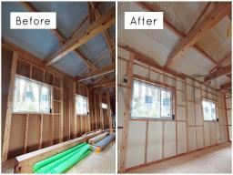 壁から屋根まで発泡ウレタンで包み込まれました！隙間なく施工できる断熱性能の高い発泡ウレタンを使うとエアコンで調節した温度が逃げにくいので電気代などの節約にも繋がりますよ！---- COPYRIGHT©2021 霧島市 TDホーム霧島（有）林工務店 ----