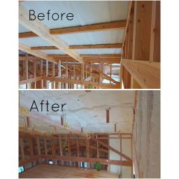 壁から屋根まで発泡ウレタンで包み込まれました!隙間なく施工できる断熱性能の高い発泡ウレタンを使うとエアコンで調節した温度が逃げにくいので電気代などの節約にも繋がりますよ!---- COPYRIGHT©2020 霧島市 TDホーム霧島(有)林工務店 ----